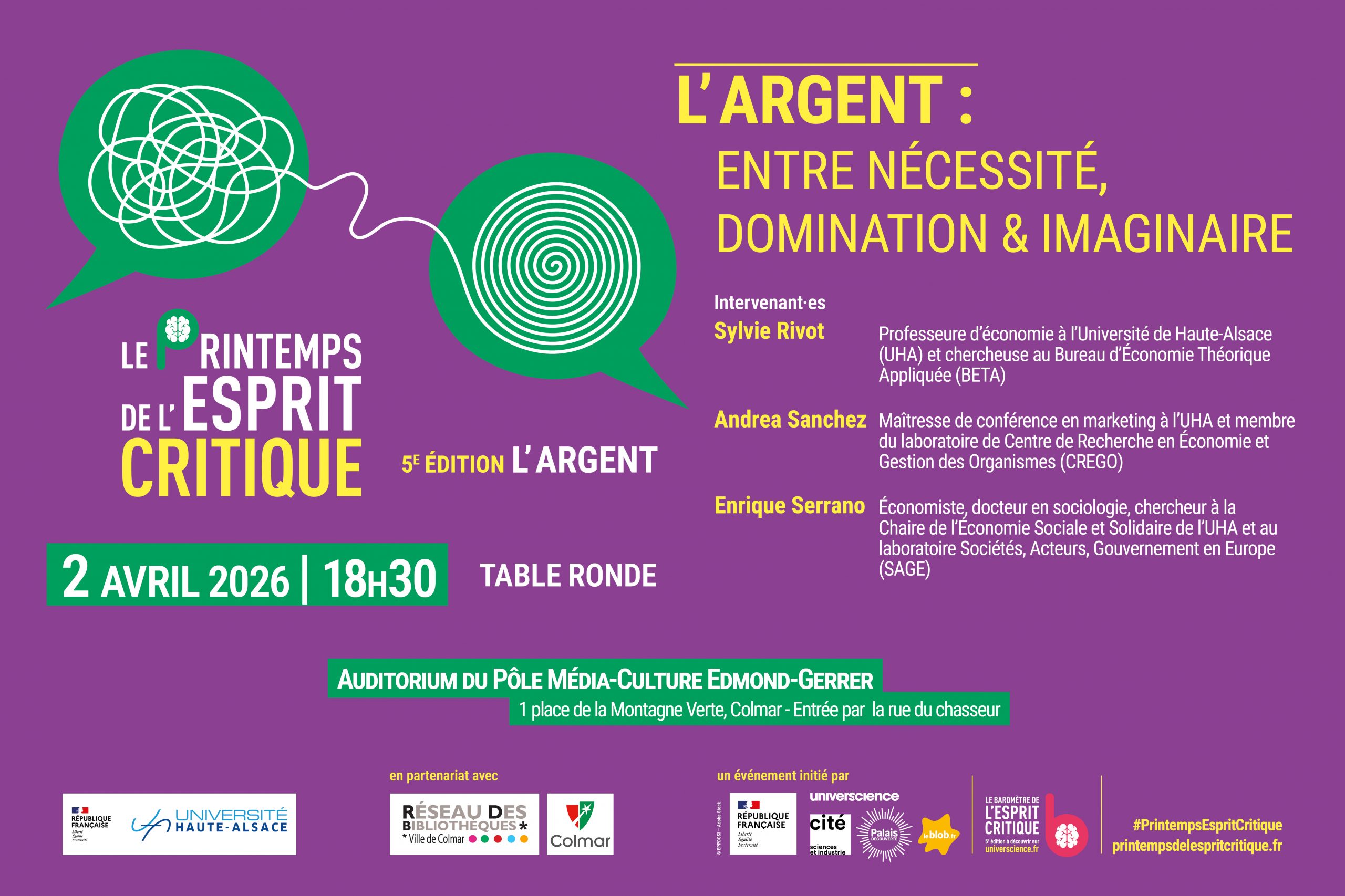 Affiche Printemps de l'esprit critique 2026 - L'argent : entre nécessité, domination et imaginaire