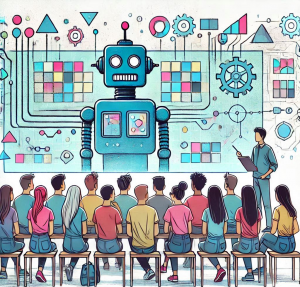 Robot/IA sur un tableau en train d'assister un enseignant dans une classe