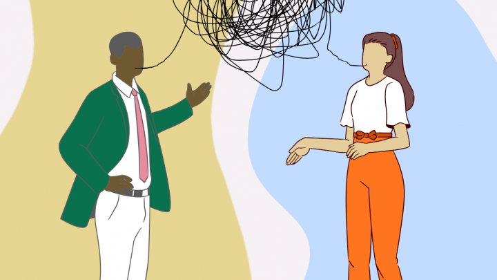 Deux personnes d'origine différentes expérimentant des difficultés de communication