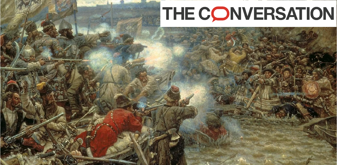 La conquête de la Sibérie par Ermak, tableau de Vassili Sourikov peint en 1895, représente une bataille en 1582 entre les forces russes conduites par Ermak, un chef cosaque au service d’Ivan le Terrible, et l’armée du khanat de Sibérie. Musée Russe (Saint-Pétersbourg)