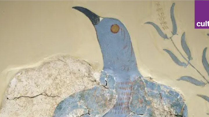 Détail de la fresque de l'oiseau bleu, retrouvée à Cnossos.
