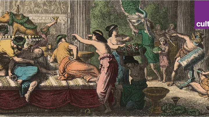 Scène de banquet à Rome, des hommes et des femmes festoient avec faste en regardant des hommes se battre