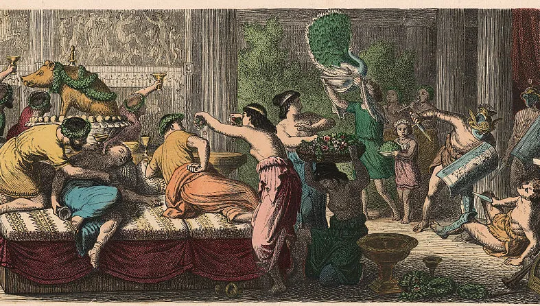 Scène de banquet à Rome, des hommes et des femmes festoient avec faste en regardant des hommes se battre